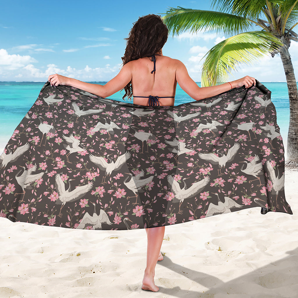 Crane Bird And Flower Pattern Print Beach Sarong Wrap