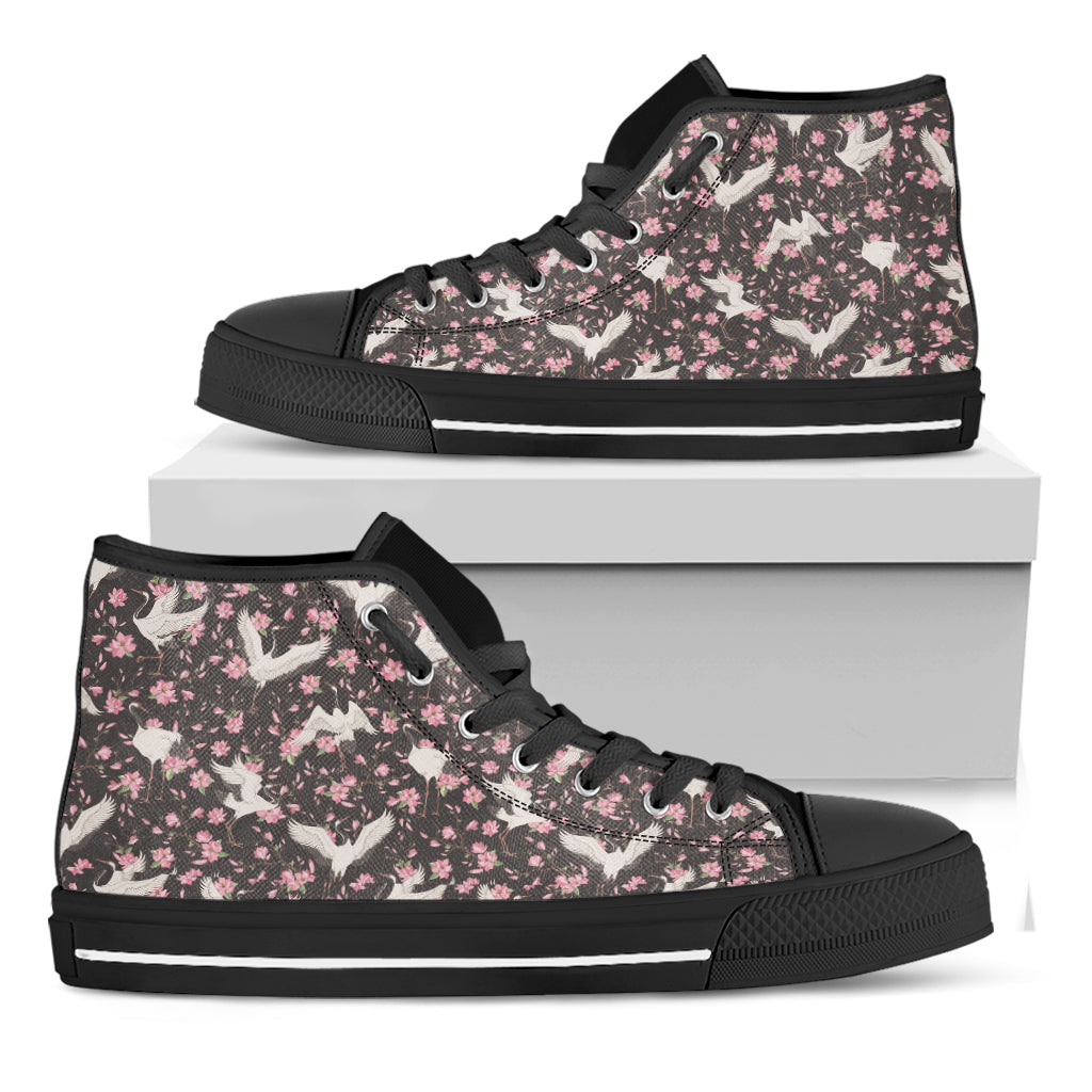 Crane Bird And Flower Pattern Print Black High Top Shoes