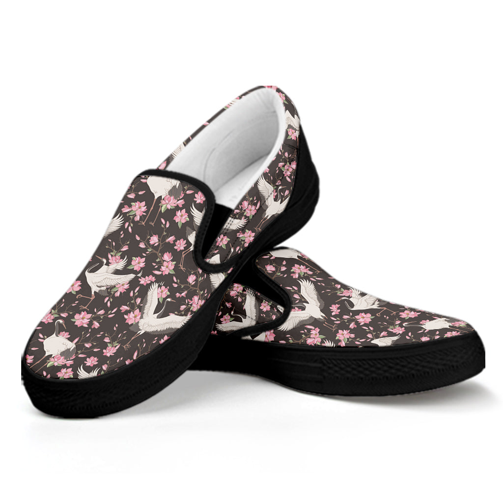 Crane Bird And Flower Pattern Print Black Slip On Shoes