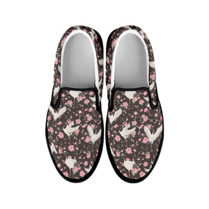 Crane Bird And Flower Pattern Print Black Slip On Shoes