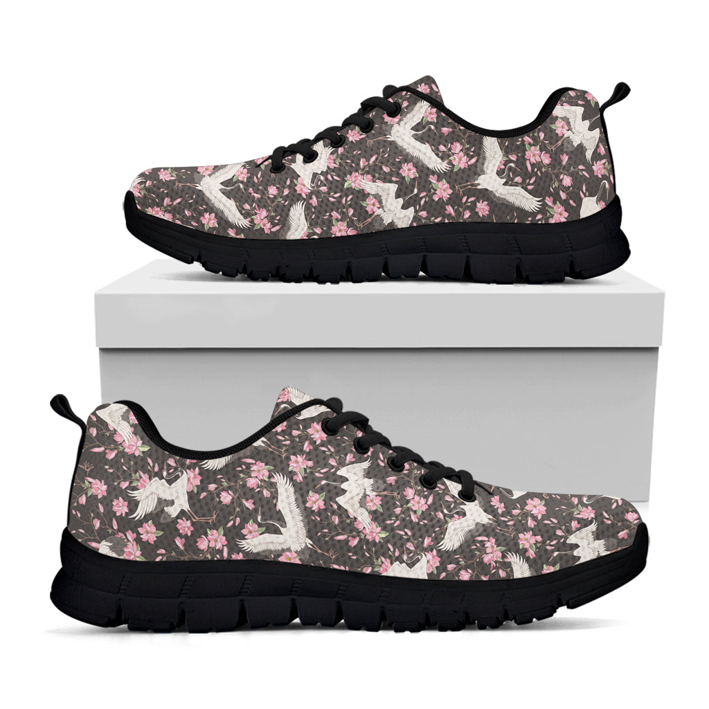 Crane Bird And Flower Pattern Print Black Sneakers