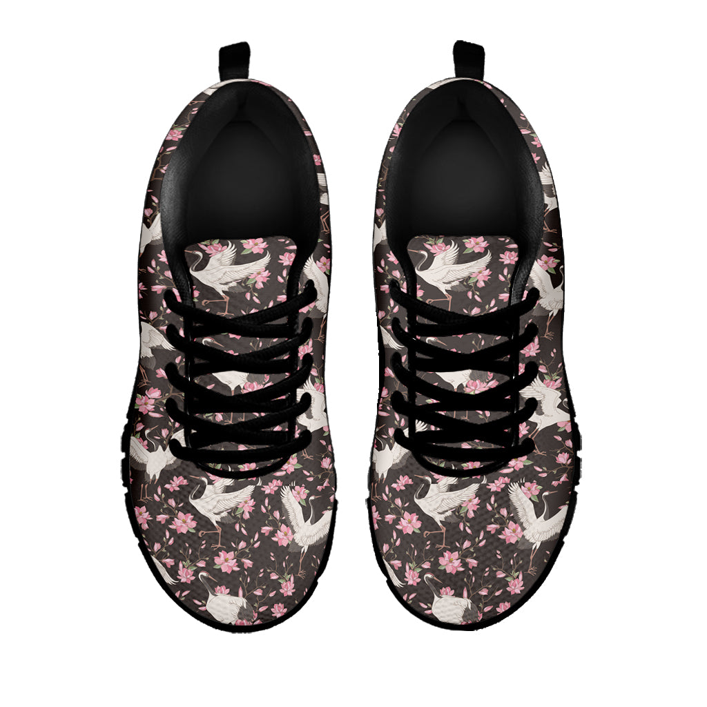 Crane Bird And Flower Pattern Print Black Sneakers