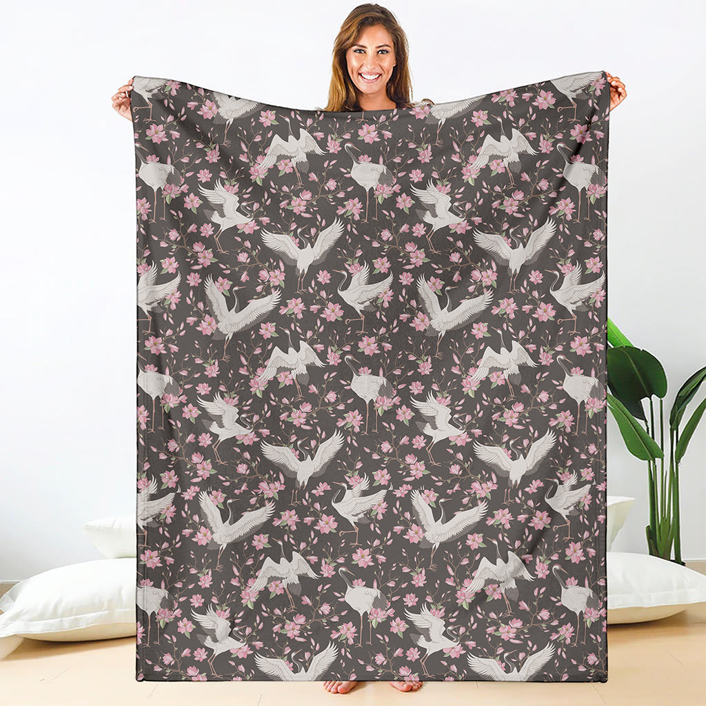 Crane Bird And Flower Pattern Print Blanket