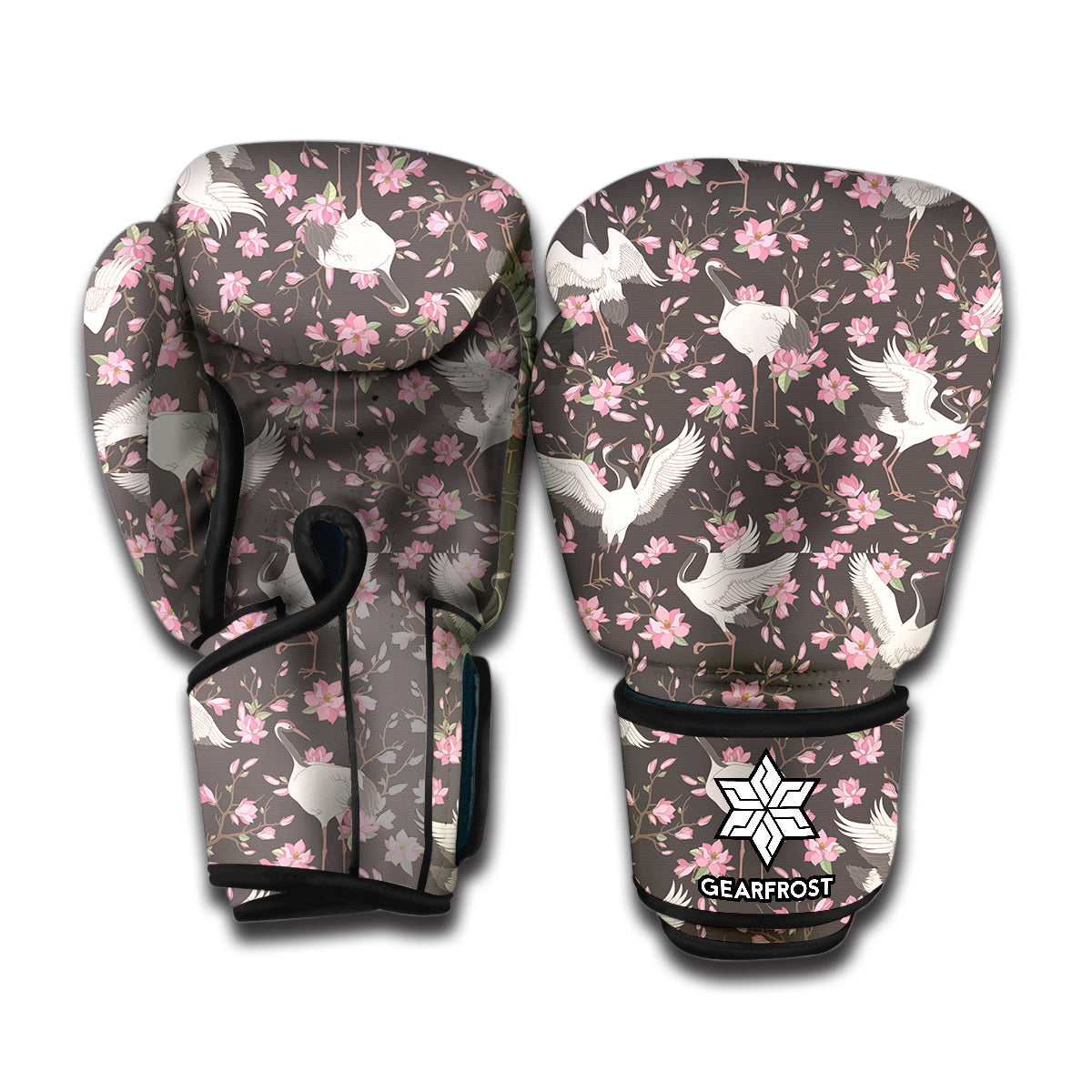 Crane Bird And Flower Pattern Print Boxing Gloves