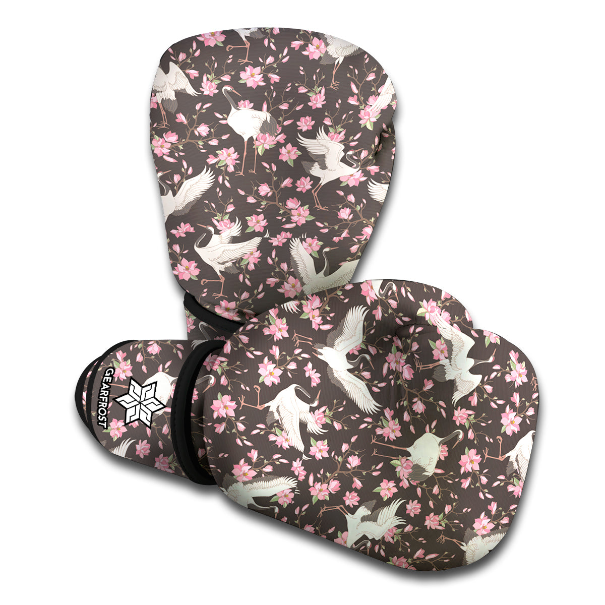 Crane Bird And Flower Pattern Print Boxing Gloves