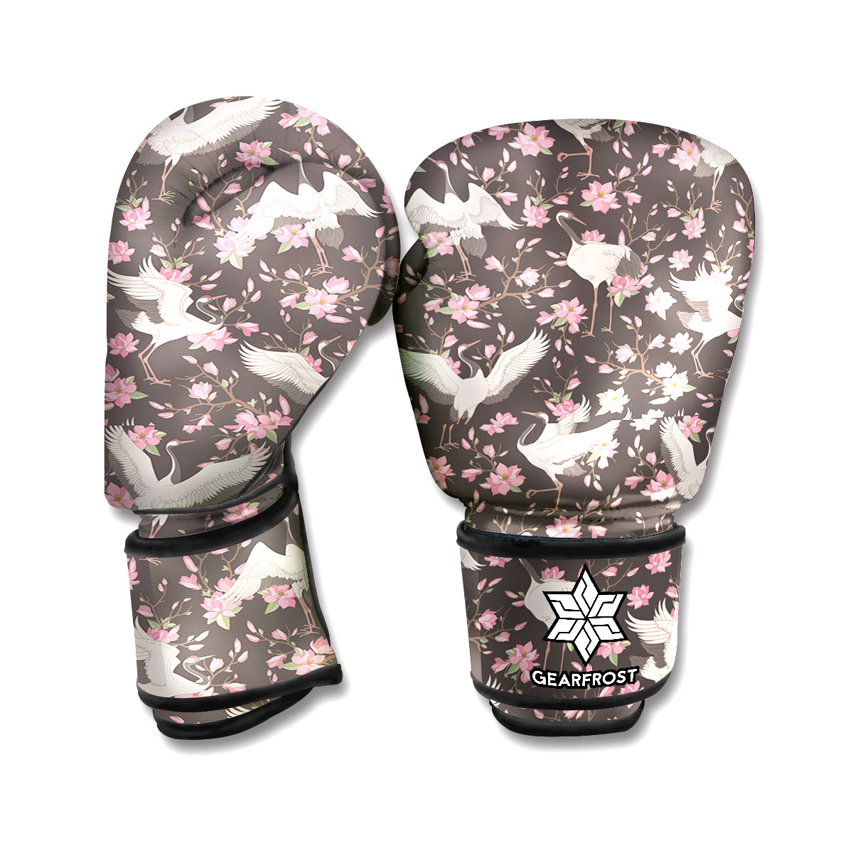 Crane Bird And Flower Pattern Print Boxing Gloves