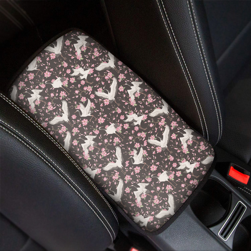 Crane Bird And Flower Pattern Print Car Center Console Cover