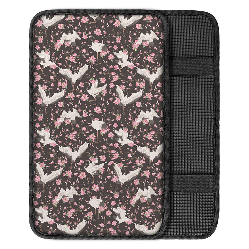 Crane Bird And Flower Pattern Print Car Center Console Cover