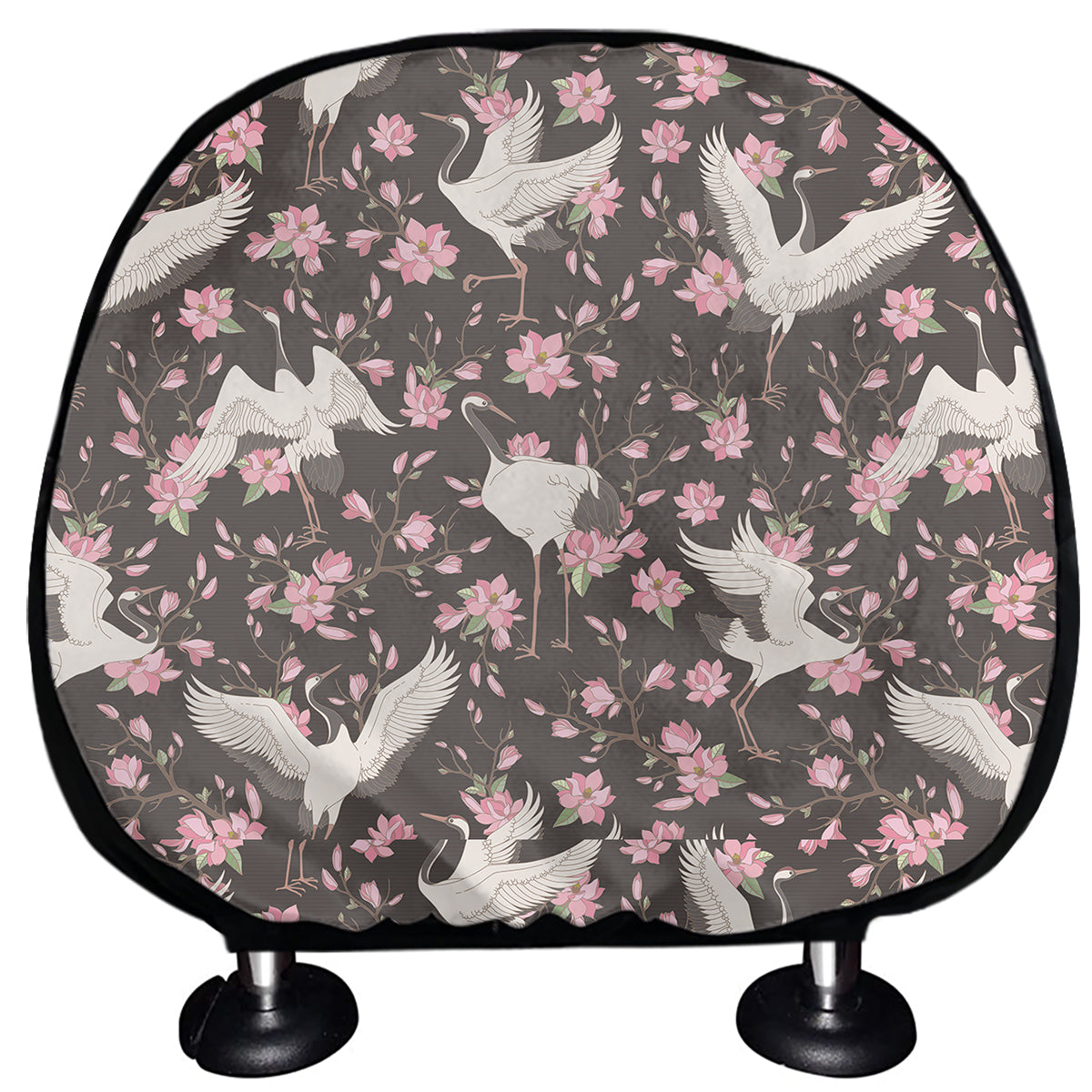 Crane Bird And Flower Pattern Print Car Headrest Covers