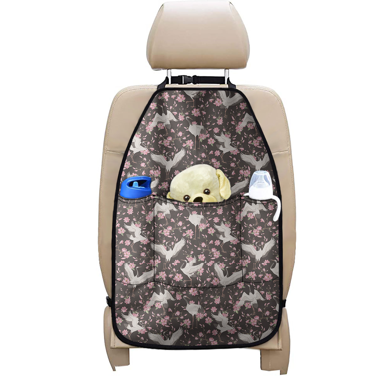 Crane Bird And Flower Pattern Print Car Seat Organizers