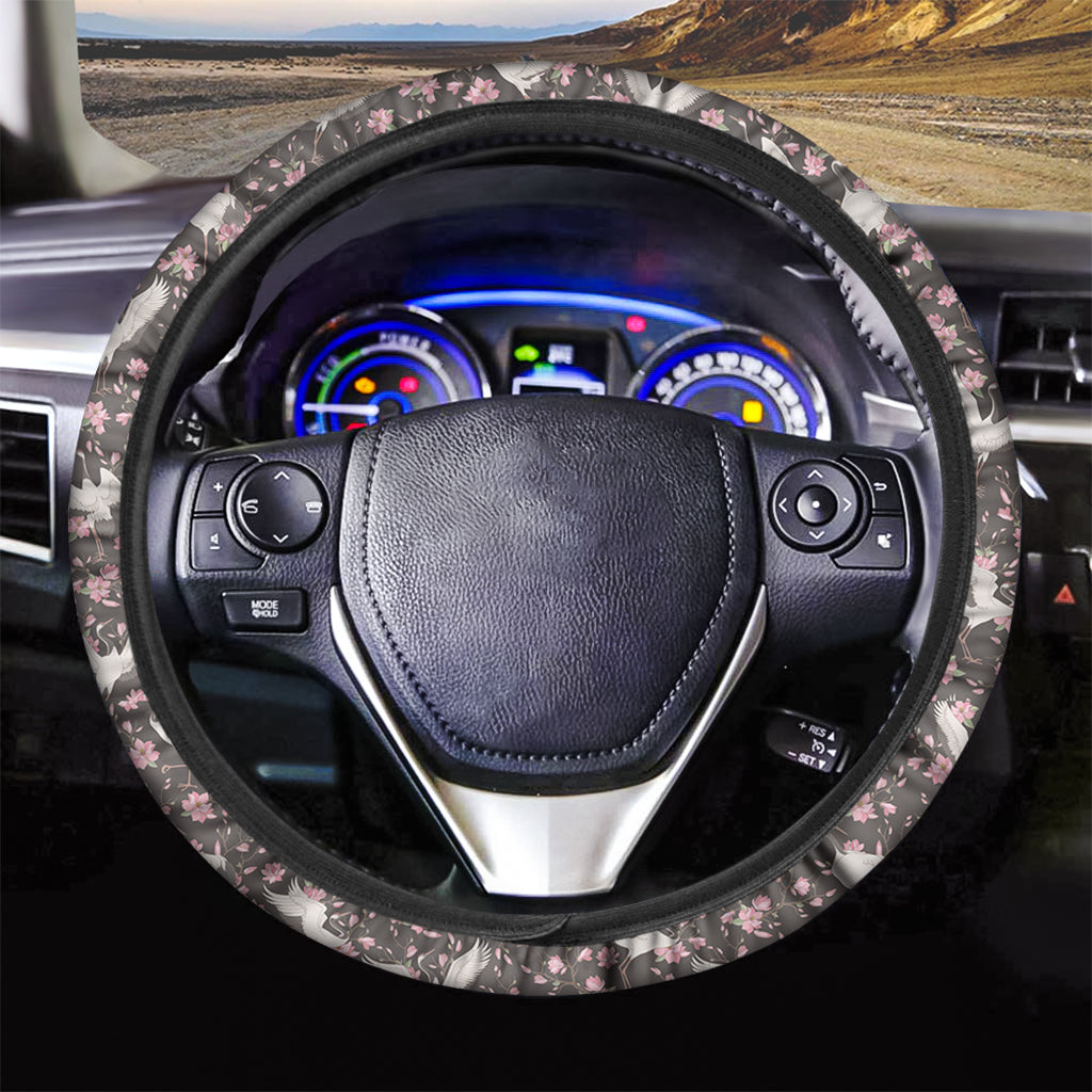 Crane Bird And Flower Pattern Print Car Steering Wheel Cover