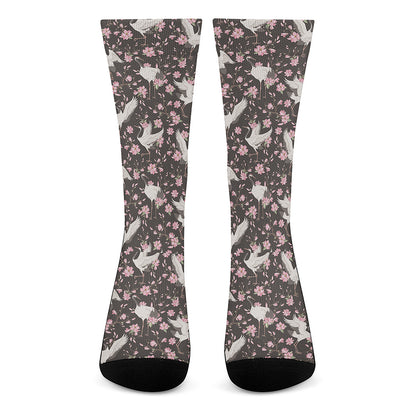 Crane Bird And Flower Pattern Print Crew Socks