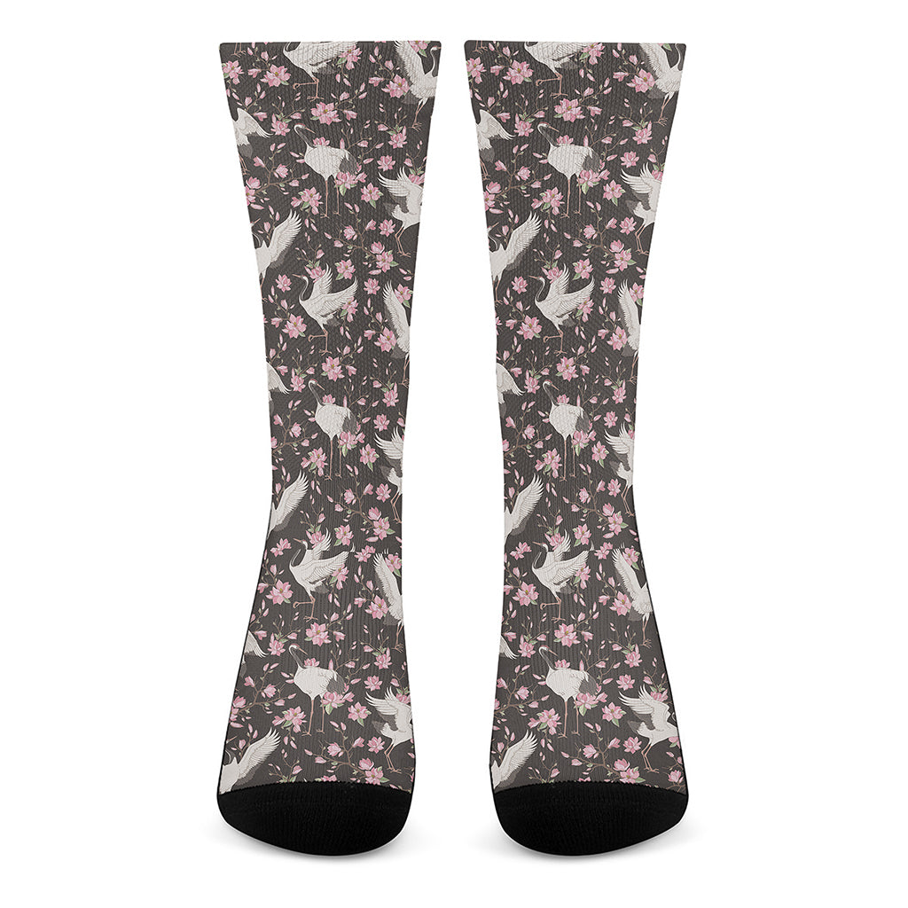 Crane Bird And Flower Pattern Print Crew Socks