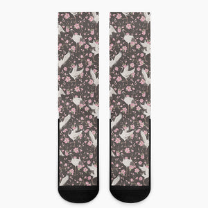 Crane Bird And Flower Pattern Print Crew Socks