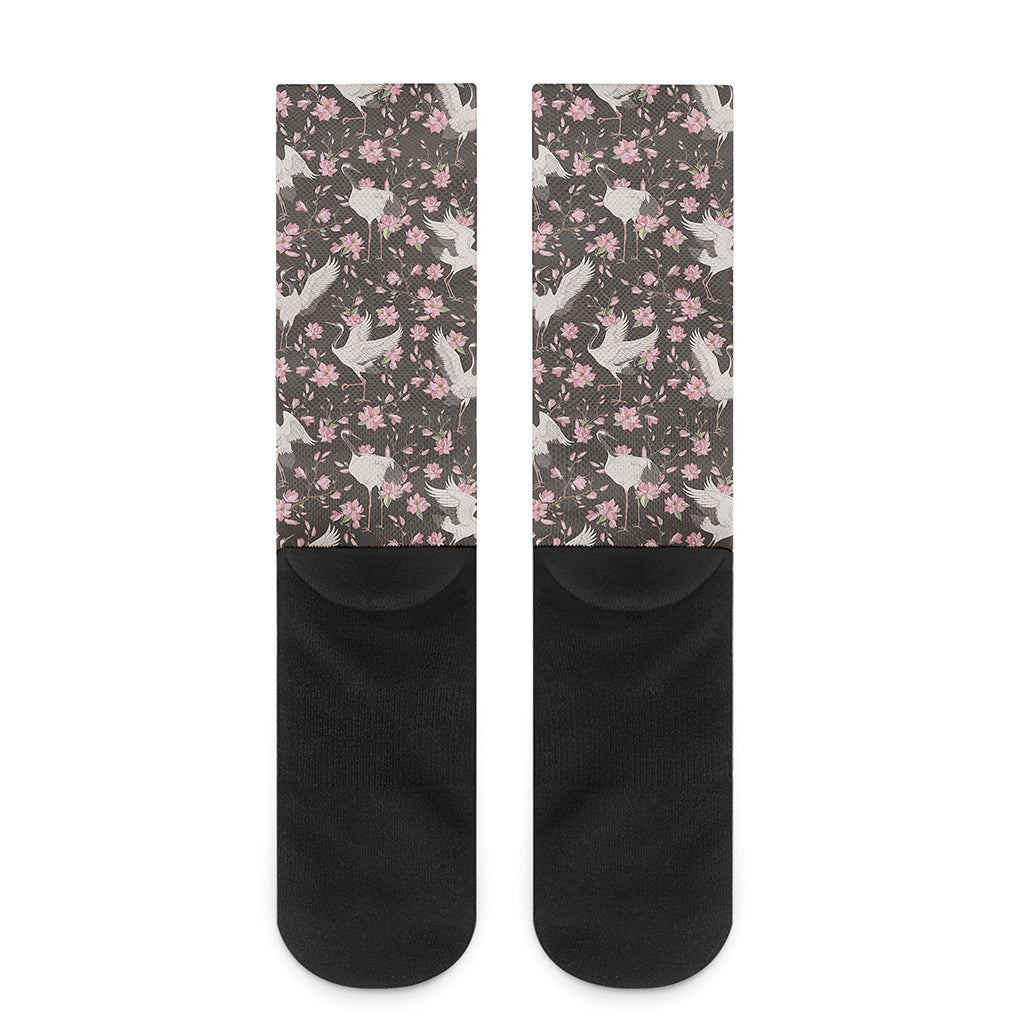 Crane Bird And Flower Pattern Print Crew Socks