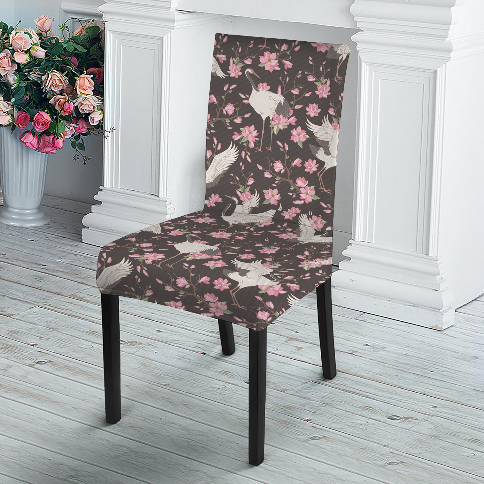 Crane Bird And Flower Pattern Print Dining Chair Slipcover