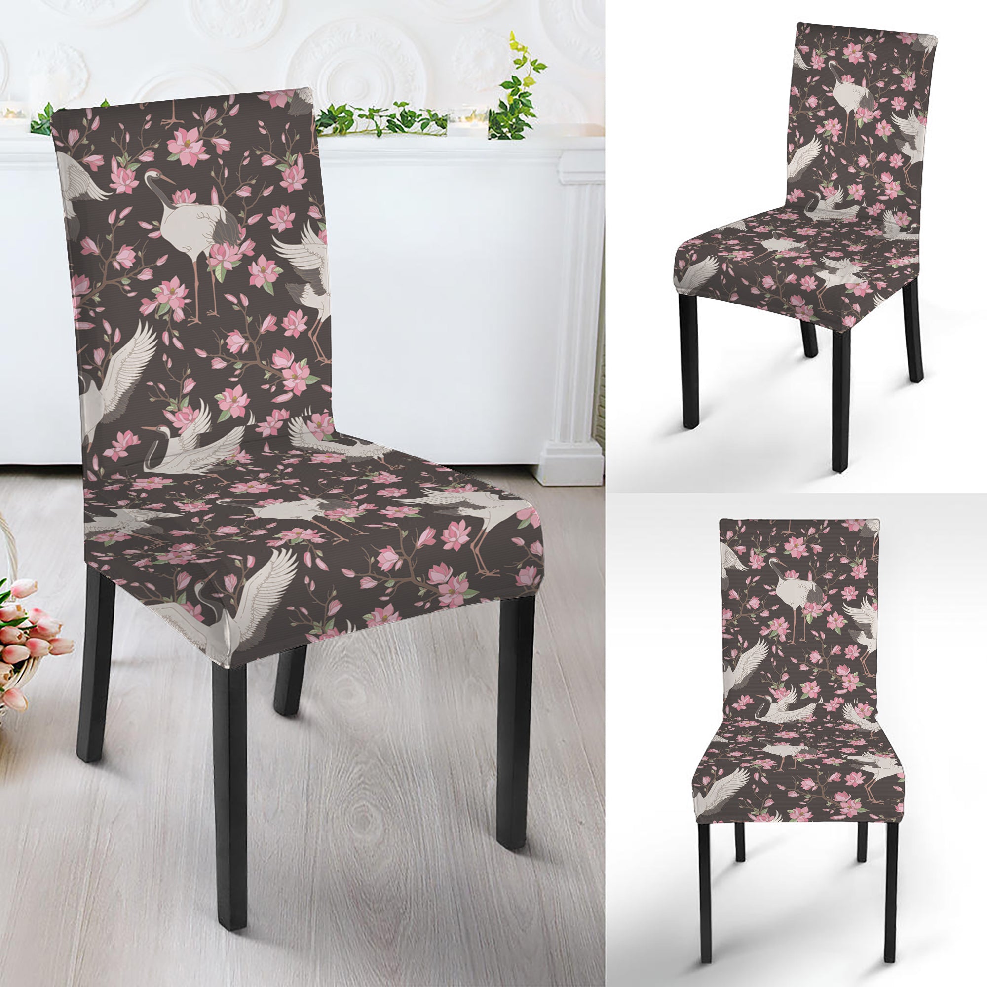 Crane Bird And Flower Pattern Print Dining Chair Slipcover