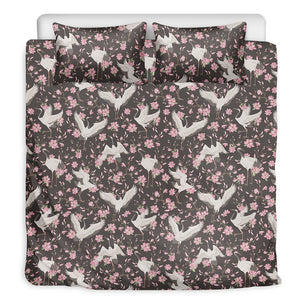 Crane Bird And Flower Pattern Print Duvet Cover Bedding Set