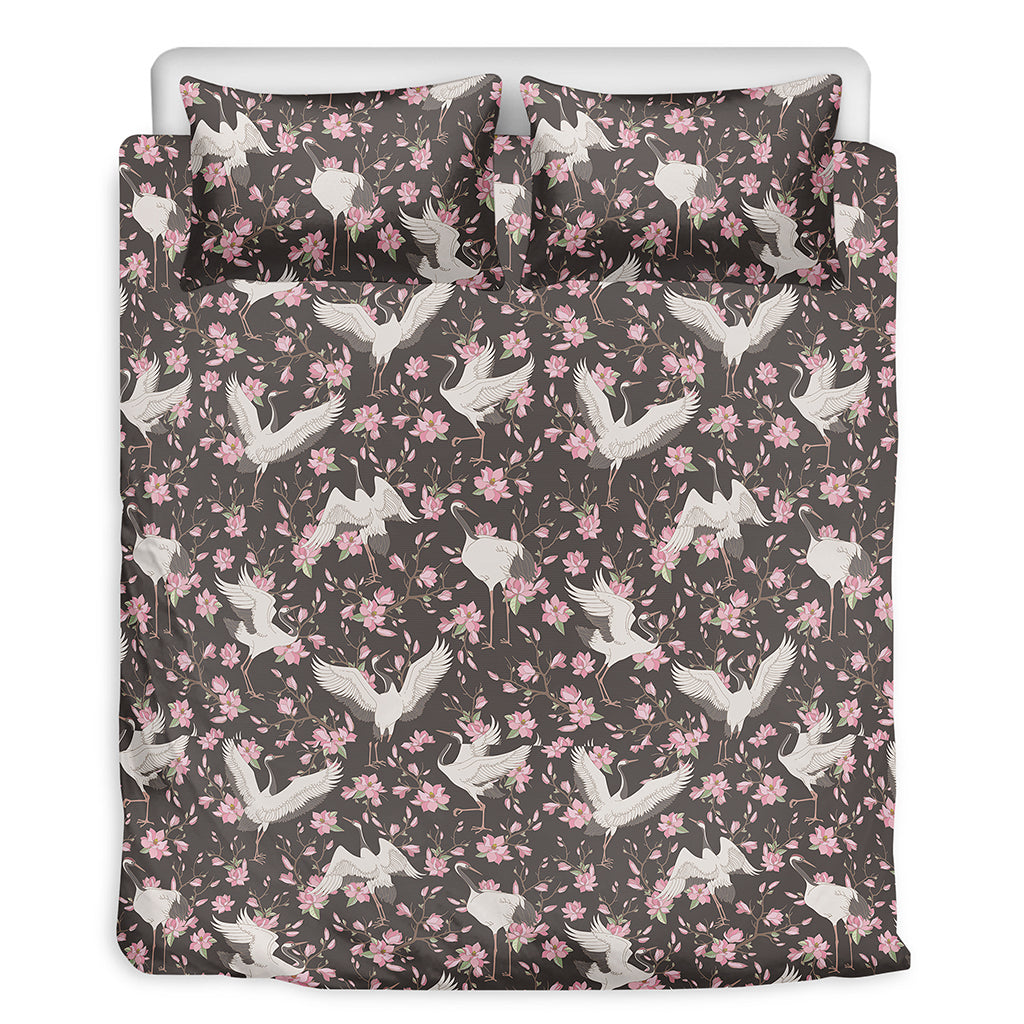 Crane Bird And Flower Pattern Print Duvet Cover Bedding Set