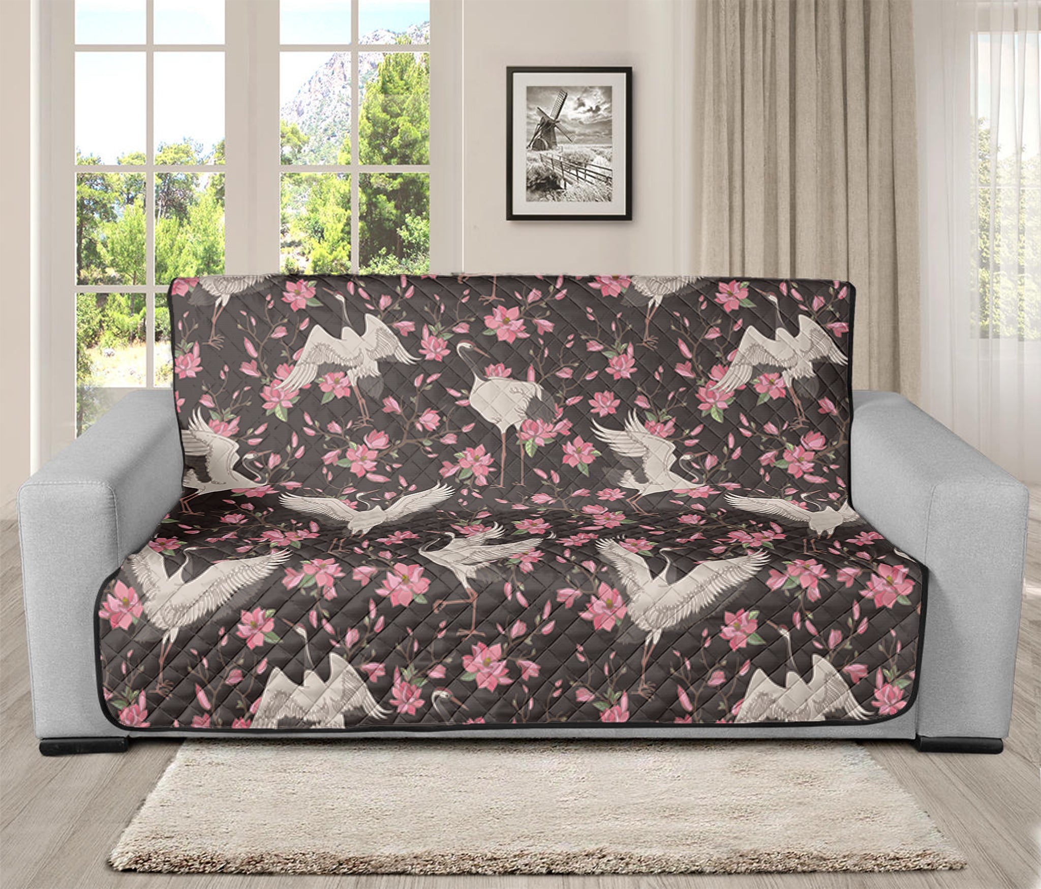 Crane Bird And Flower Pattern Print Futon Protector