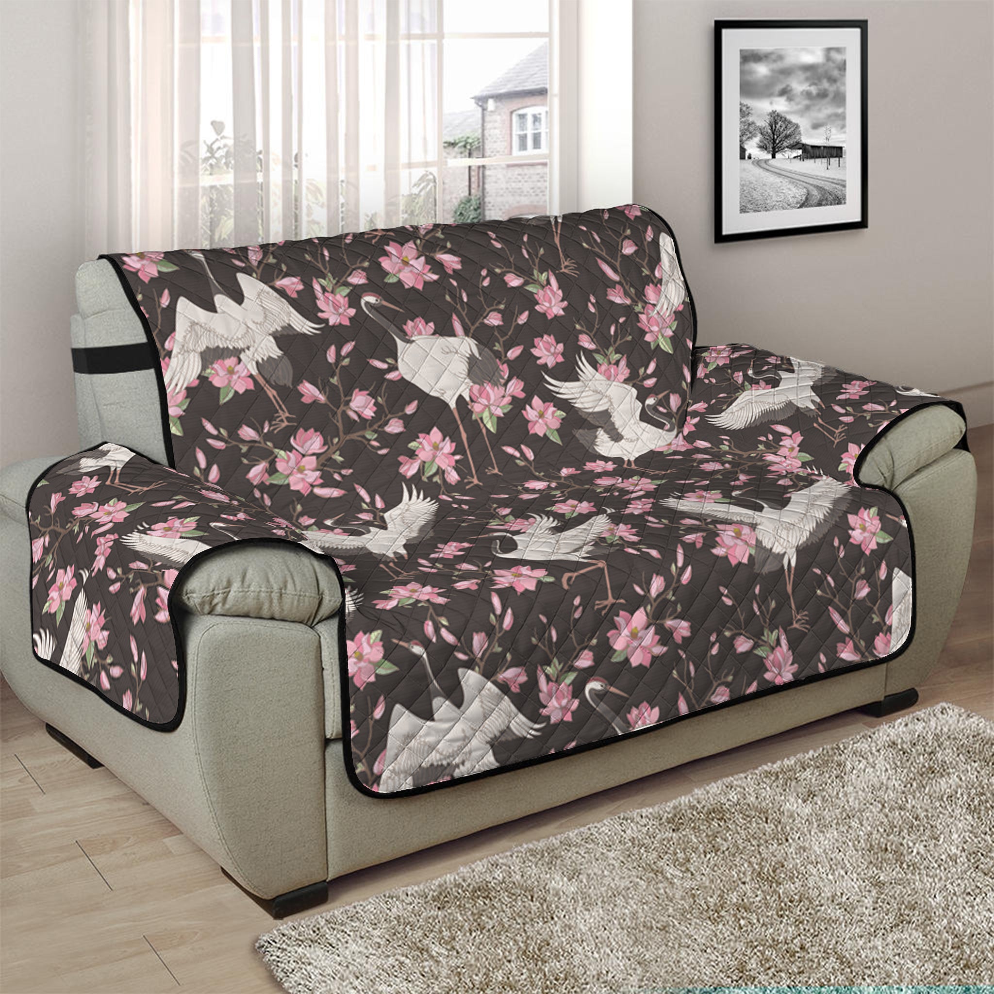 Crane Bird And Flower Pattern Print Half Sofa Protector