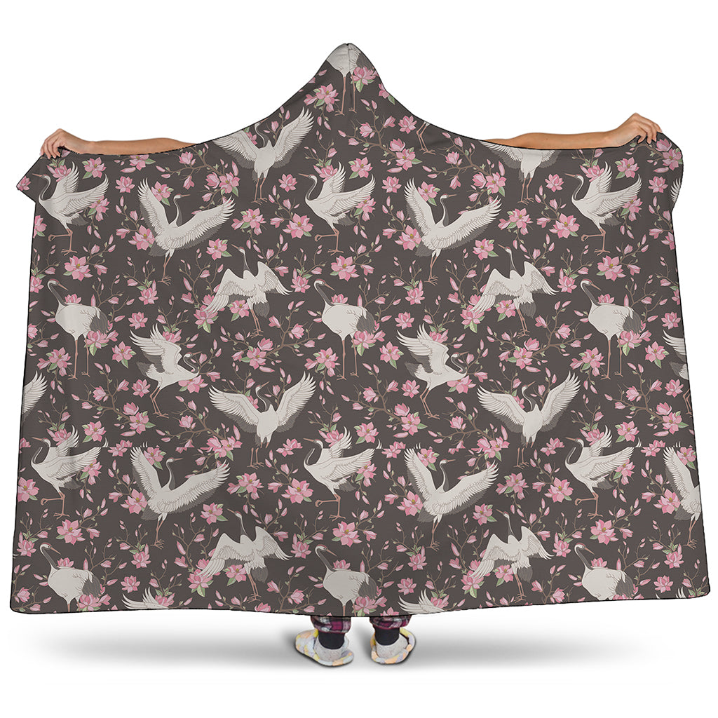 Crane Bird And Flower Pattern Print Hooded Blanket