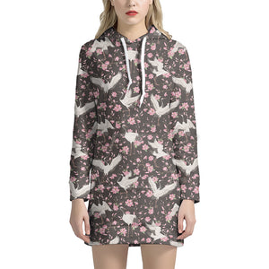 Crane Bird And Flower Pattern Print Hoodie Dress