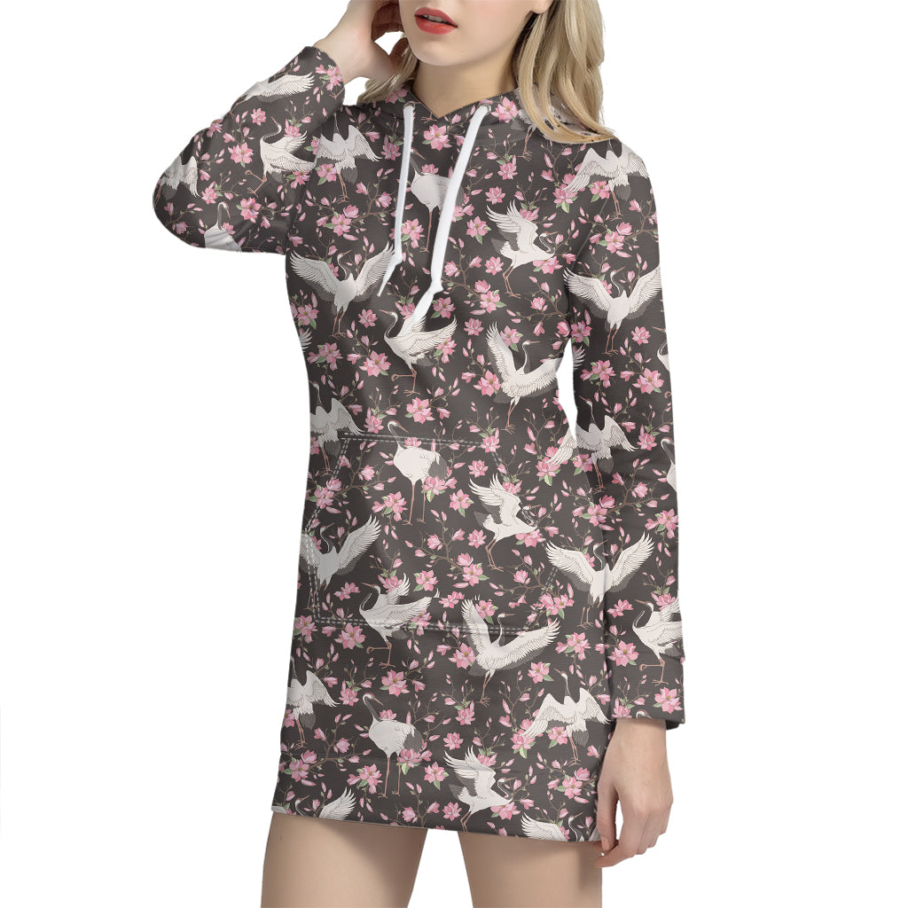 Crane Bird And Flower Pattern Print Hoodie Dress