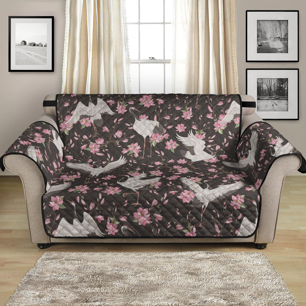 Crane Bird And Flower Pattern Print Loveseat Protector