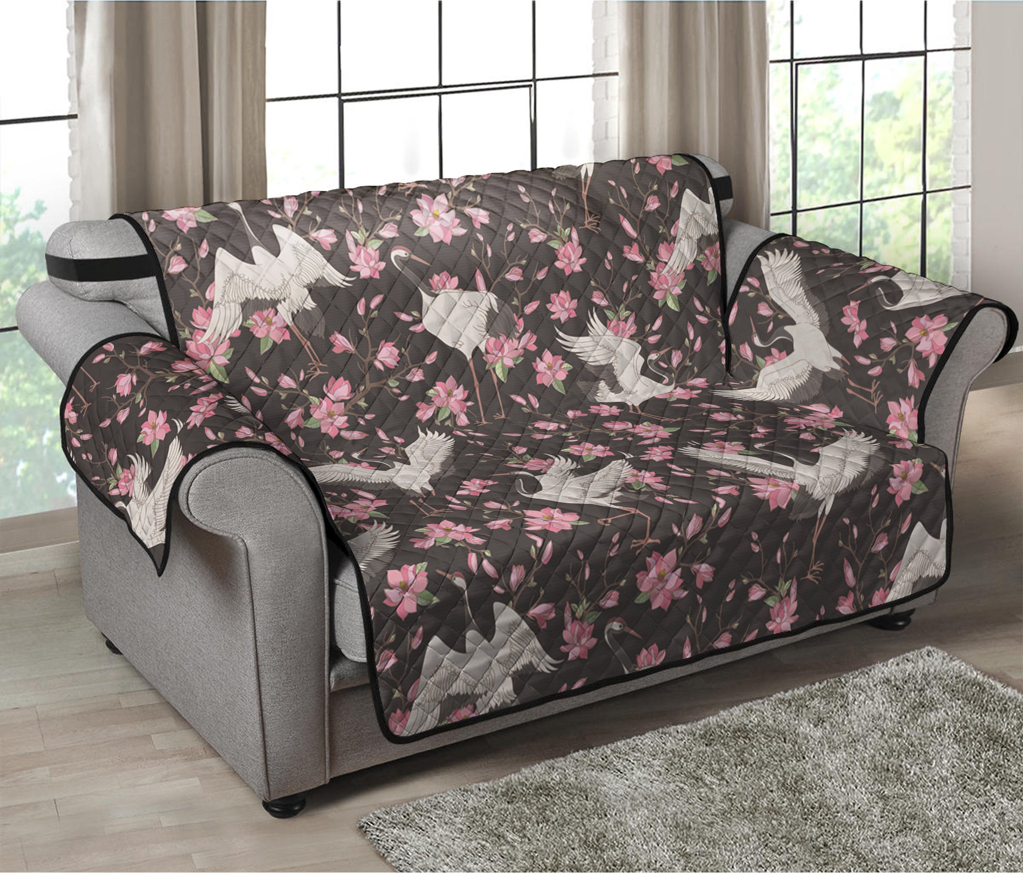 Crane Bird And Flower Pattern Print Loveseat Protector