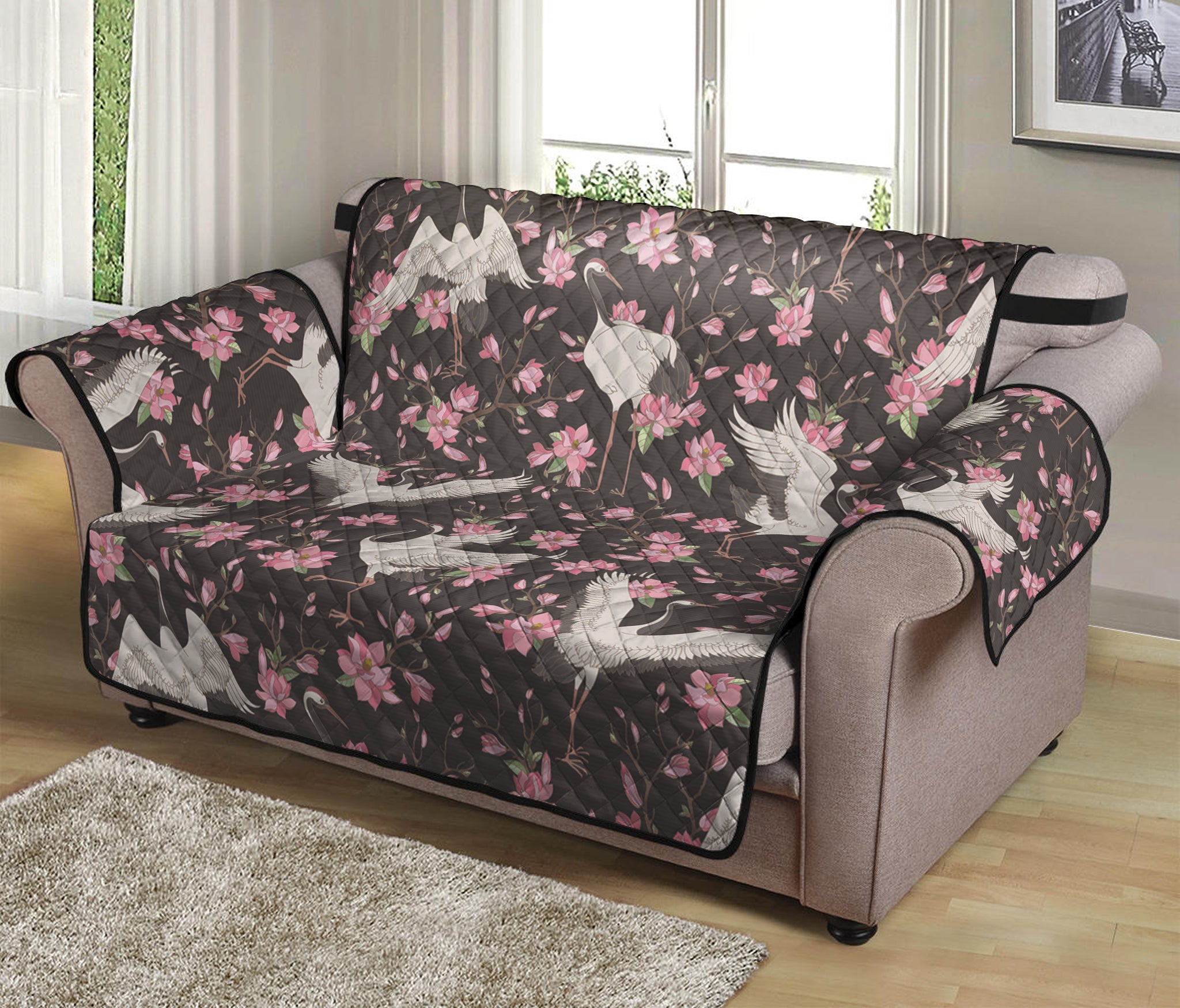 Crane Bird And Flower Pattern Print Loveseat Protector