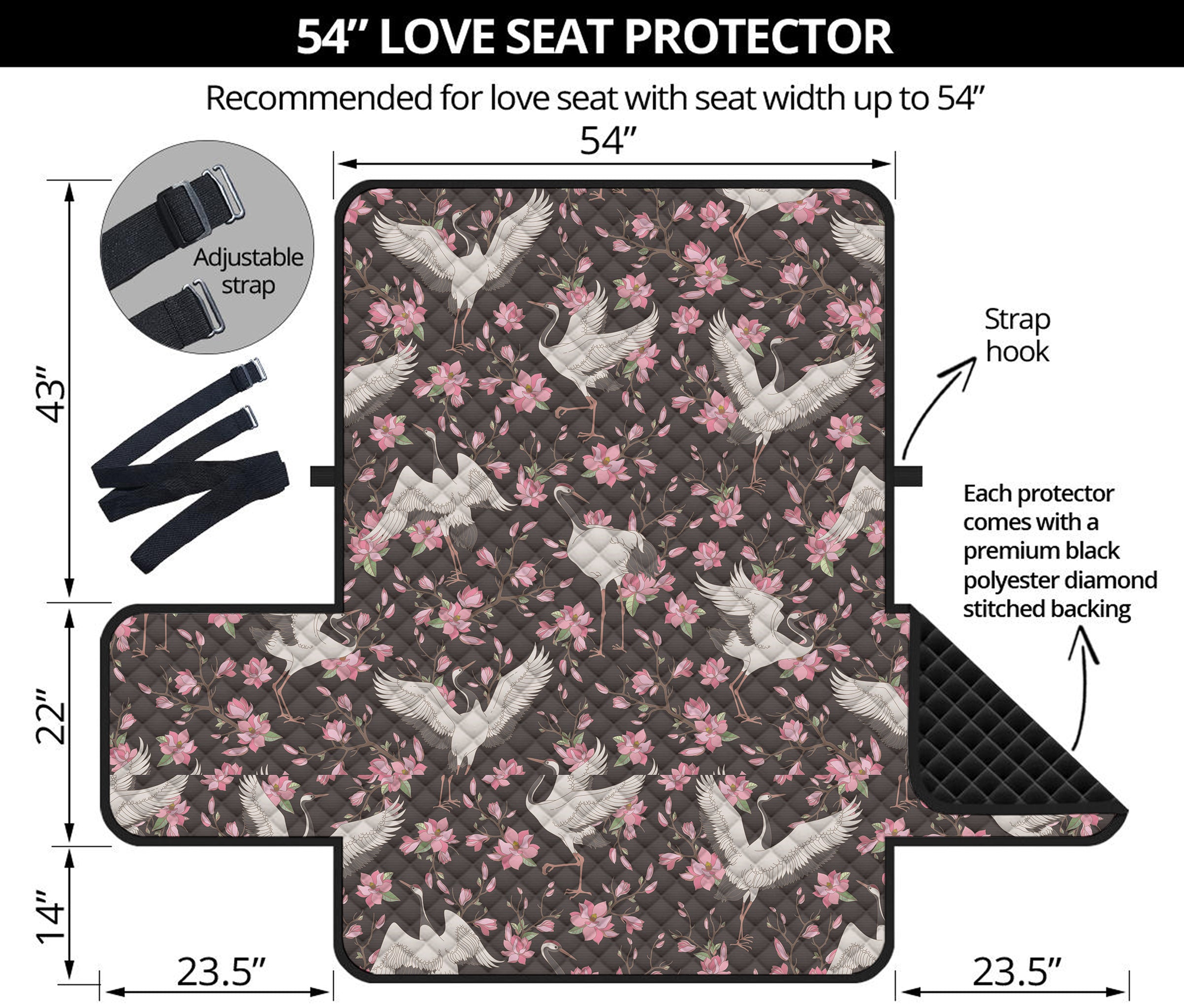 Crane Bird And Flower Pattern Print Loveseat Protector