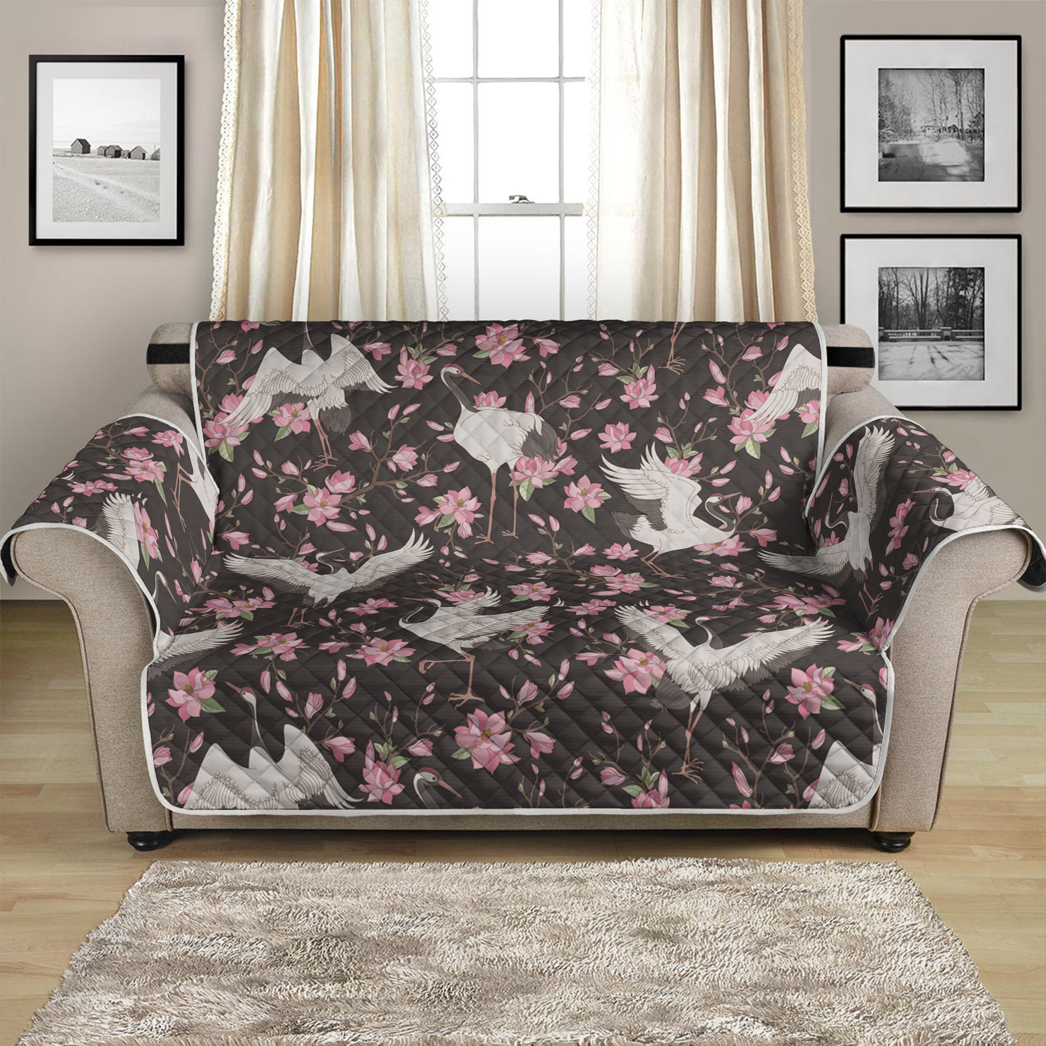 Crane Bird And Flower Pattern Print Loveseat Protector