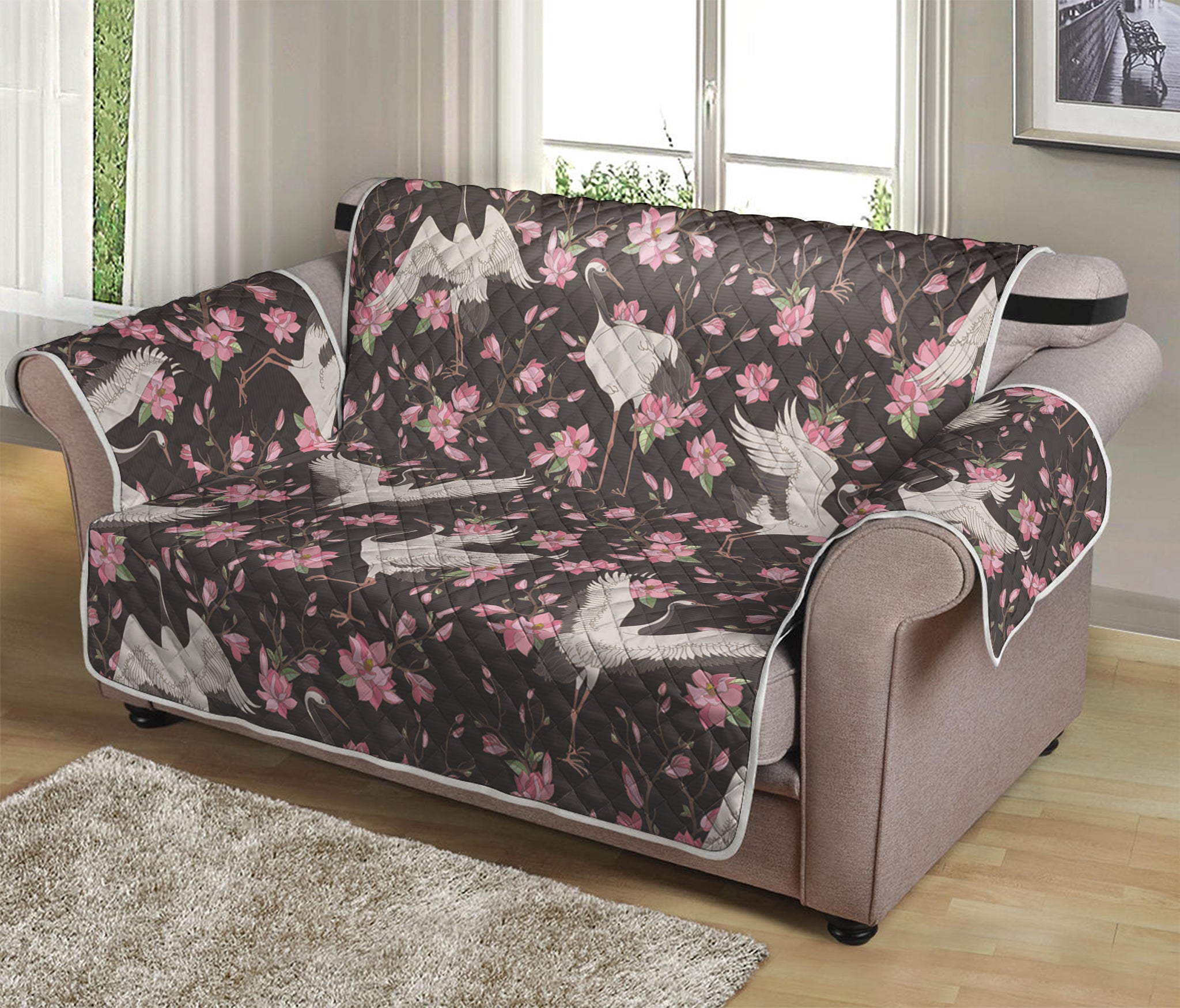 Crane Bird And Flower Pattern Print Loveseat Protector