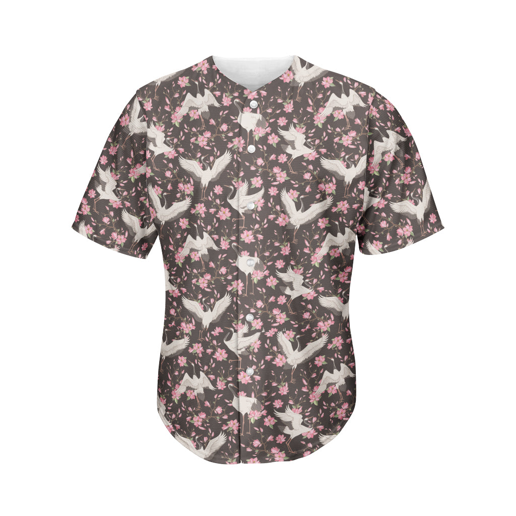 Crane Bird And Flower Pattern Print Men's Baseball Jersey