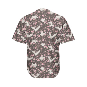 Crane Bird And Flower Pattern Print Men's Baseball Jersey