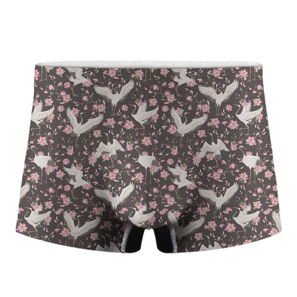 Crane Bird And Flower Pattern Print Men's Boxer Briefs