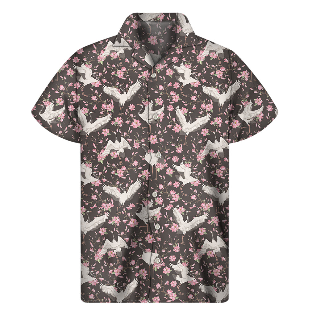 Crane Bird And Flower Pattern Print Men's Short Sleeve Shirt