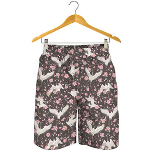 Crane Bird And Flower Pattern Print Men's Shorts