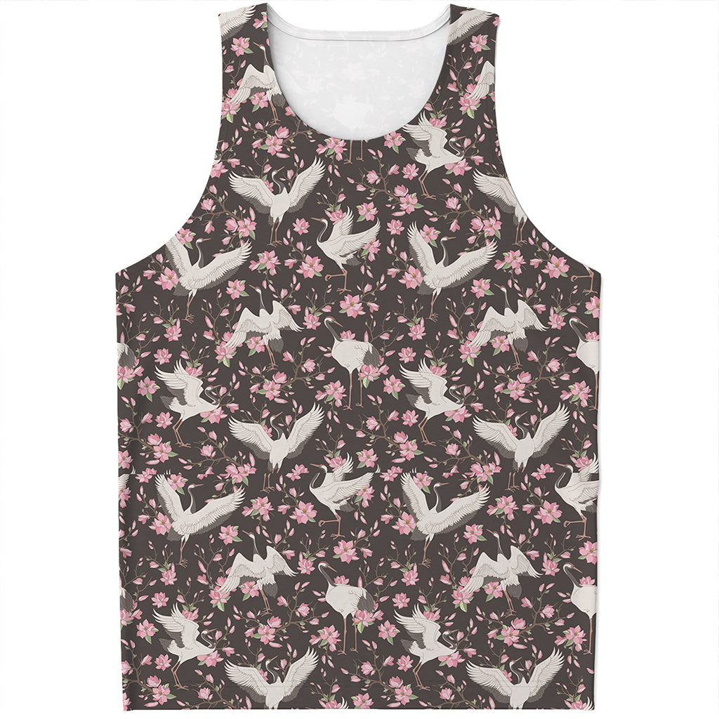 Crane Bird And Flower Pattern Print Men's Tank Top