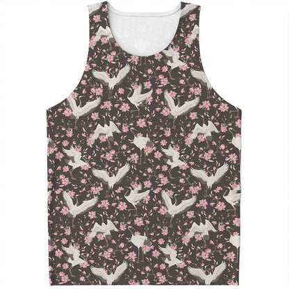 Crane Bird And Flower Pattern Print Men's Tank Top