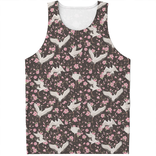 Crane Bird And Flower Pattern Print Men's Tank Top