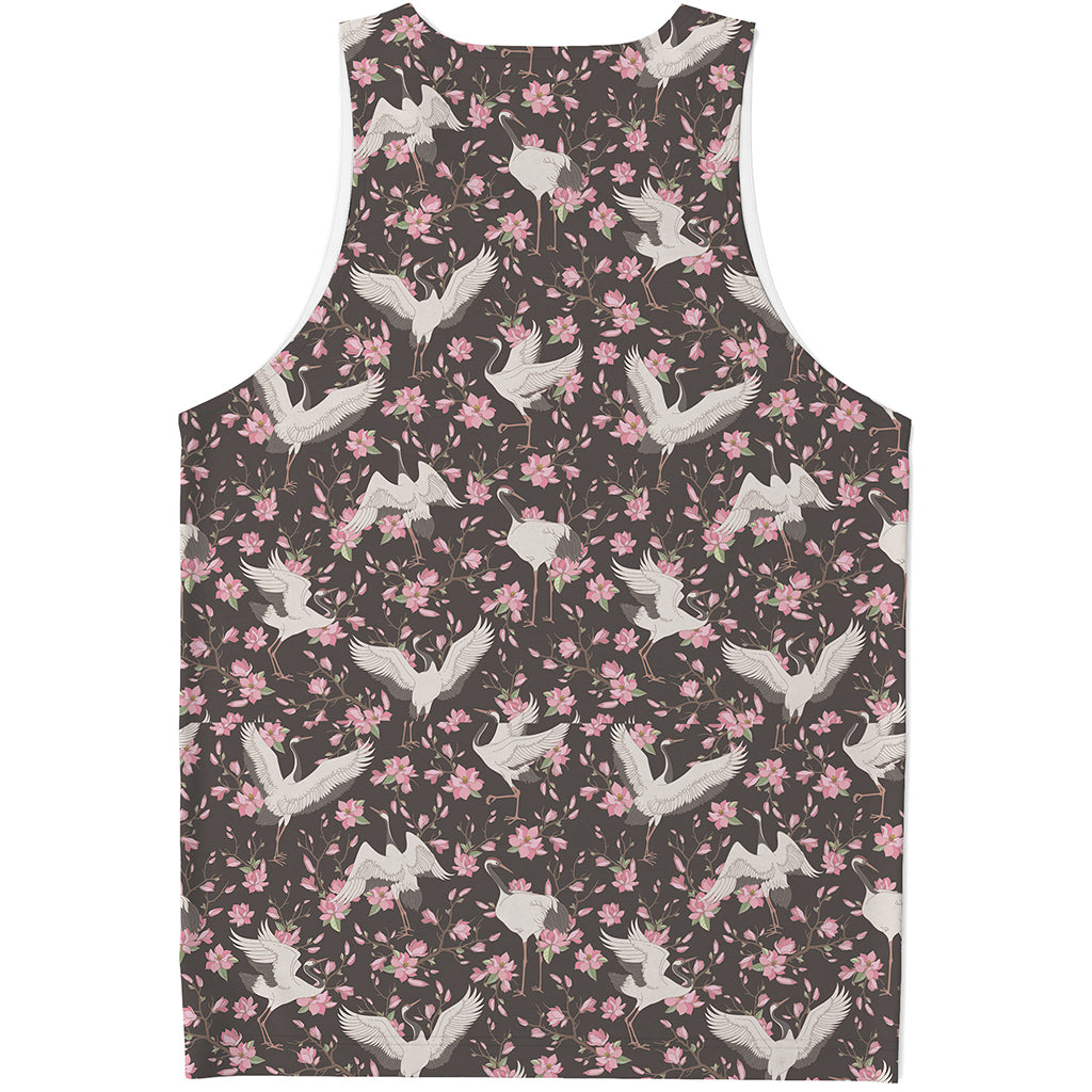 Crane Bird And Flower Pattern Print Men's Tank Top