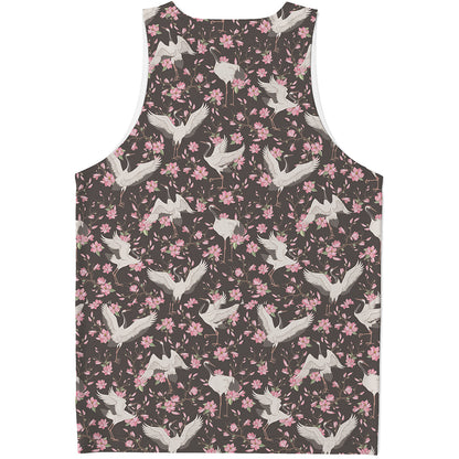 Crane Bird And Flower Pattern Print Men's Tank Top
