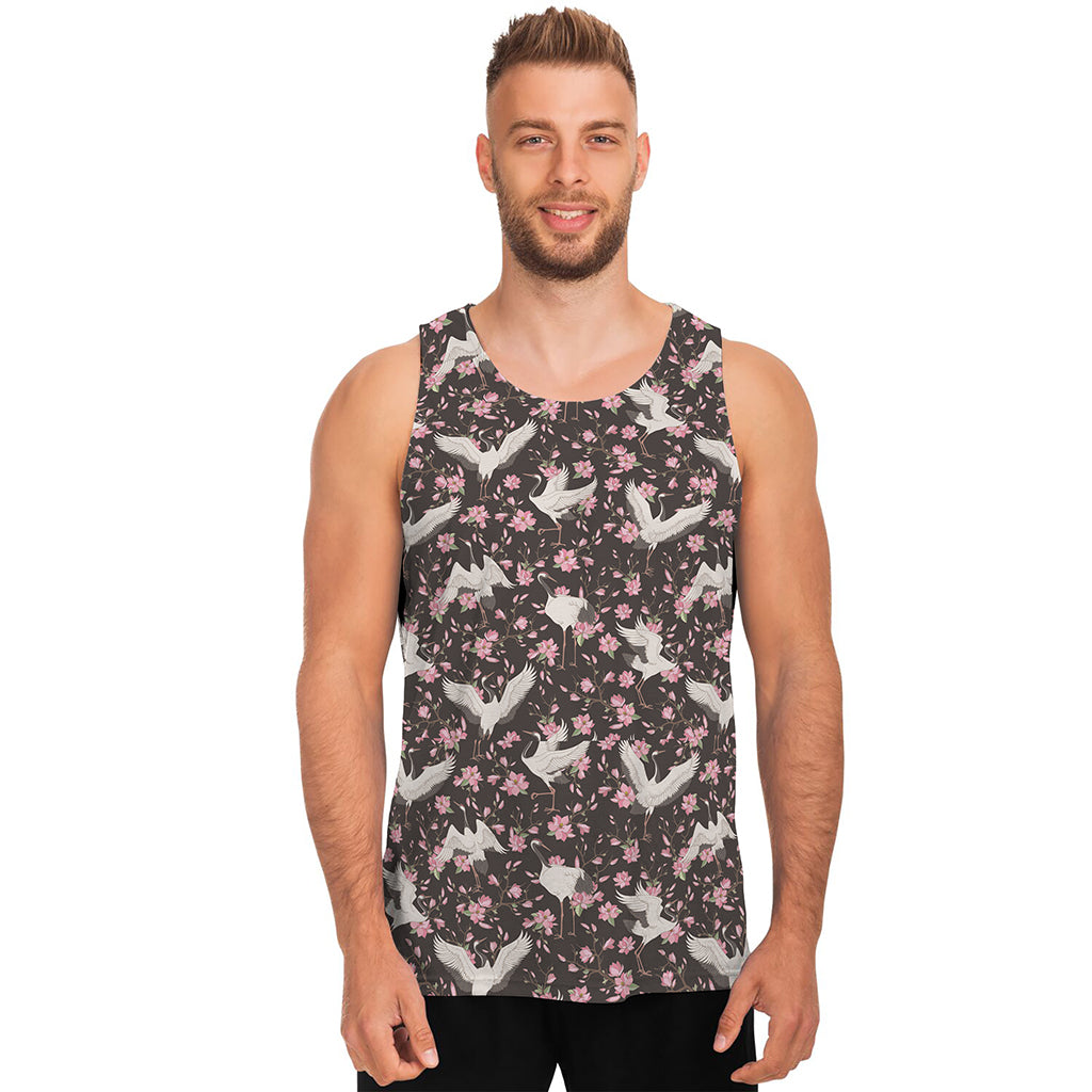 Crane Bird And Flower Pattern Print Men's Tank Top