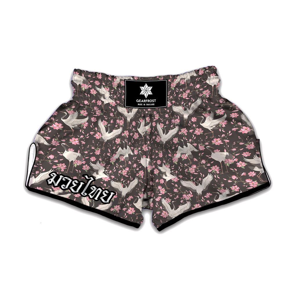 Crane Bird And Flower Pattern Print Muay Thai Boxing Shorts