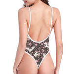Crane Bird And Flower Pattern Print One Piece High Cut Swimsuit