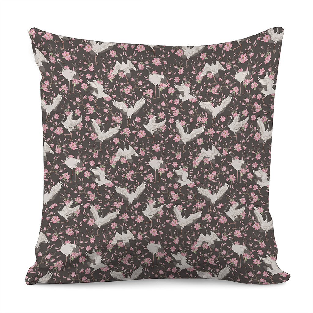 Crane Bird And Flower Pattern Print Pillow Cover