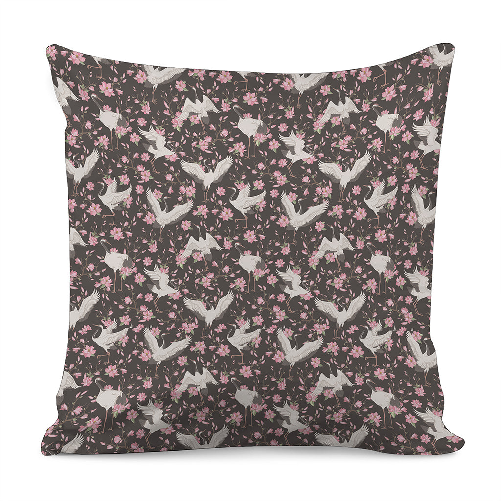 Crane Bird And Flower Pattern Print Pillow Cover