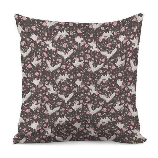 Crane Bird And Flower Pattern Print Pillow Cover